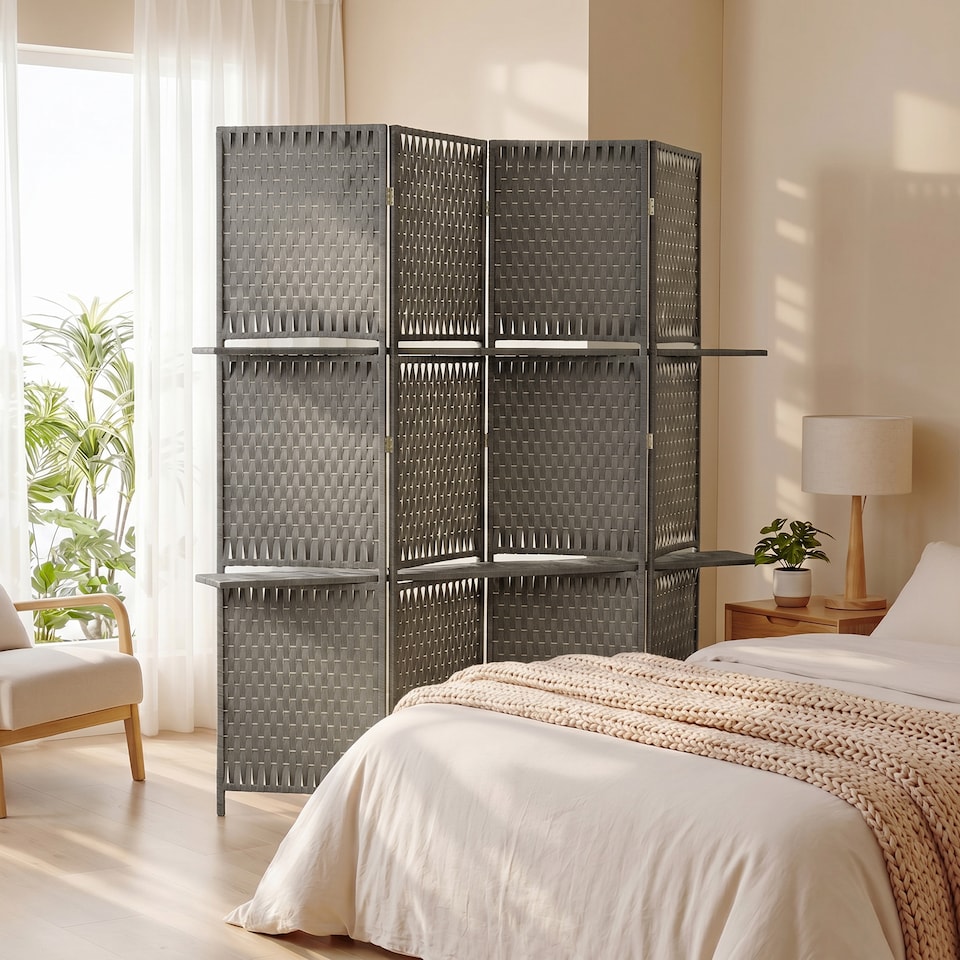 image 1 of HOMCOM 4-Panel Folding Room Divider with Shelves