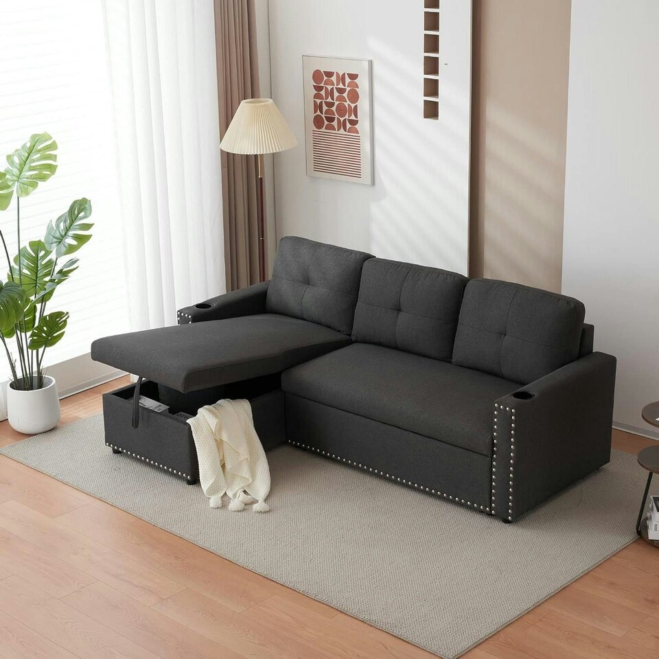 image 1 of Sofabed 3 Seater Reversible Sectional Sofa Sleeper Set with Storage Chaise, Built-in Cupholder, Decorative Rivets, Pull-out Bed, and Dark Grey Fabric Grey