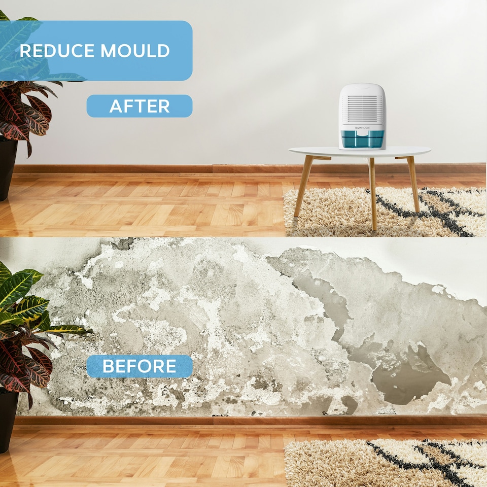 image 1 of MONHOUSE Dehumidifier 1500ml Portable, Compact & Quiet Moisture Absorber - Mini Air Dehumidifier for Home, Bedroom Damp - Electric Mould Remover - White/Blue