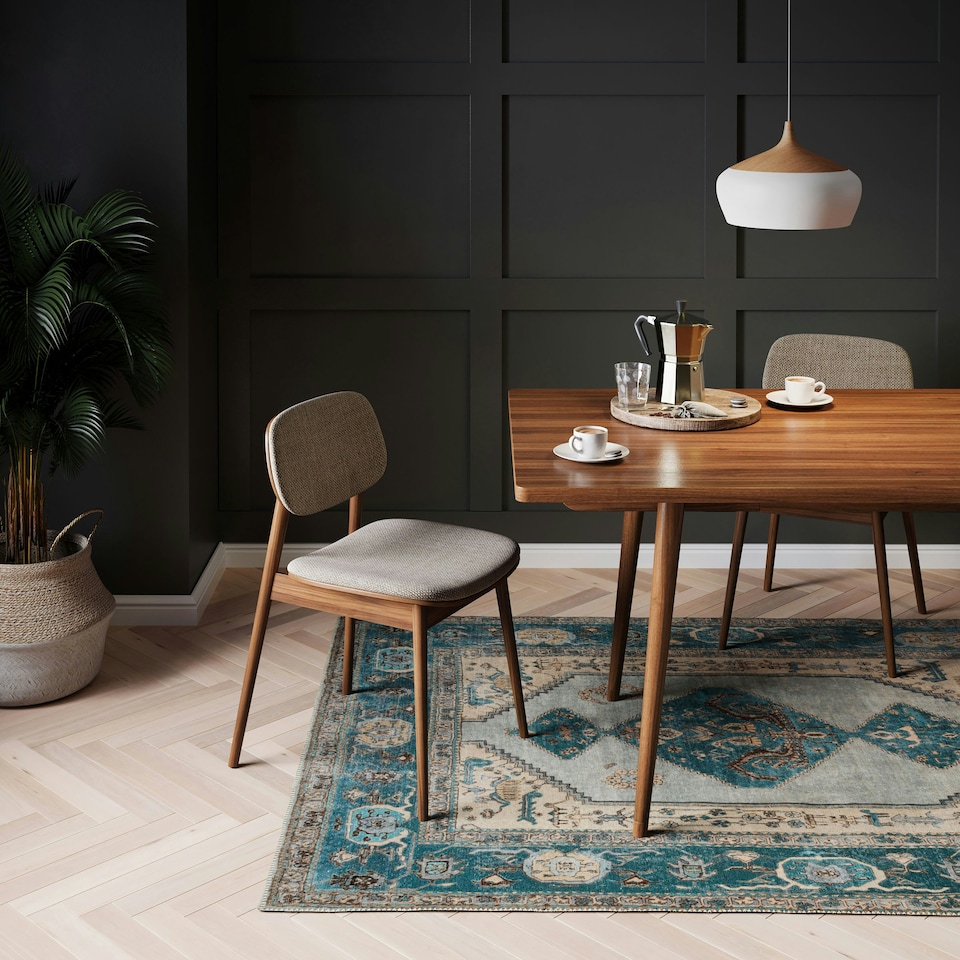 image 1 of KUKOON Teal Blue Distressed Bordered Medallion Non Slip Washable Low Pile Rug 160cm x 230cm