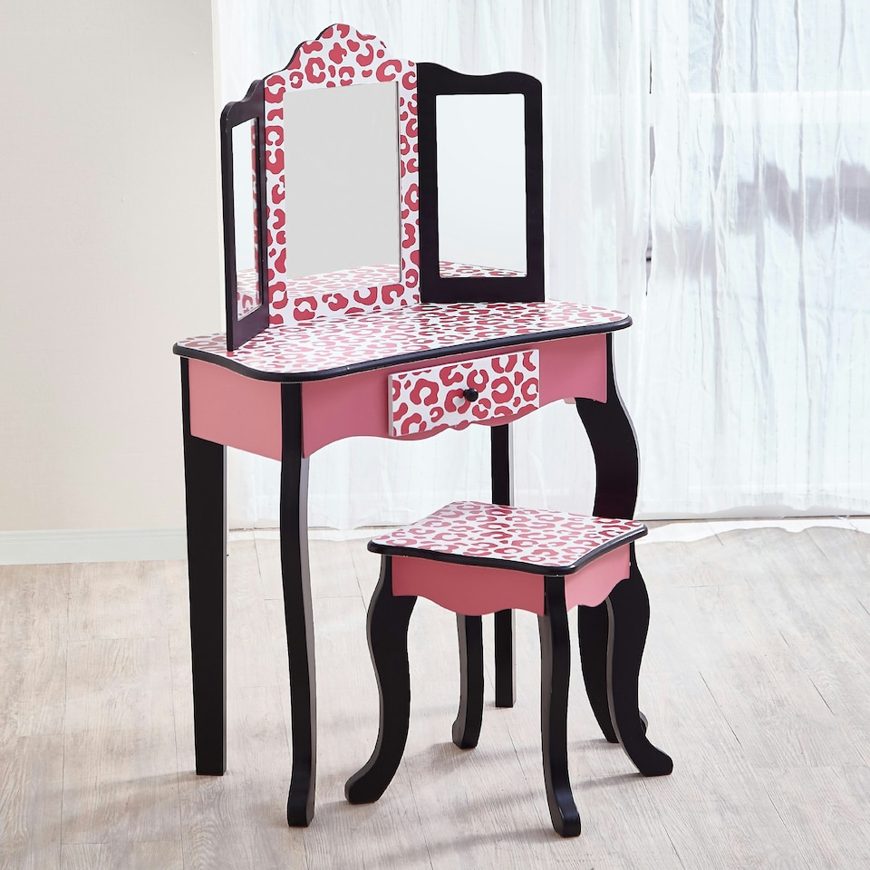 image 1 of Teamson Kids Gisele Leopard Print Vanity Playset, Pink/Black