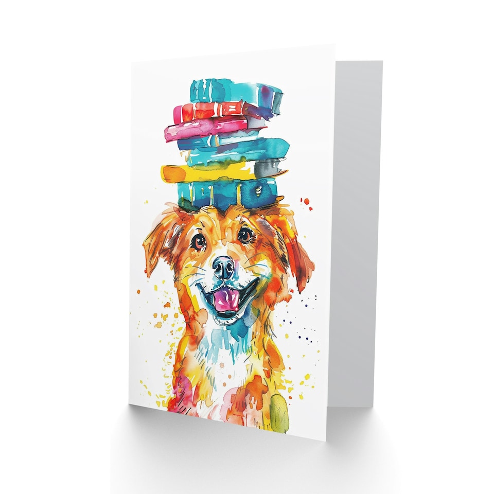 image 1 of Book Stack On Head Girl Boy Kids Dog Daughter Son Birthday Card