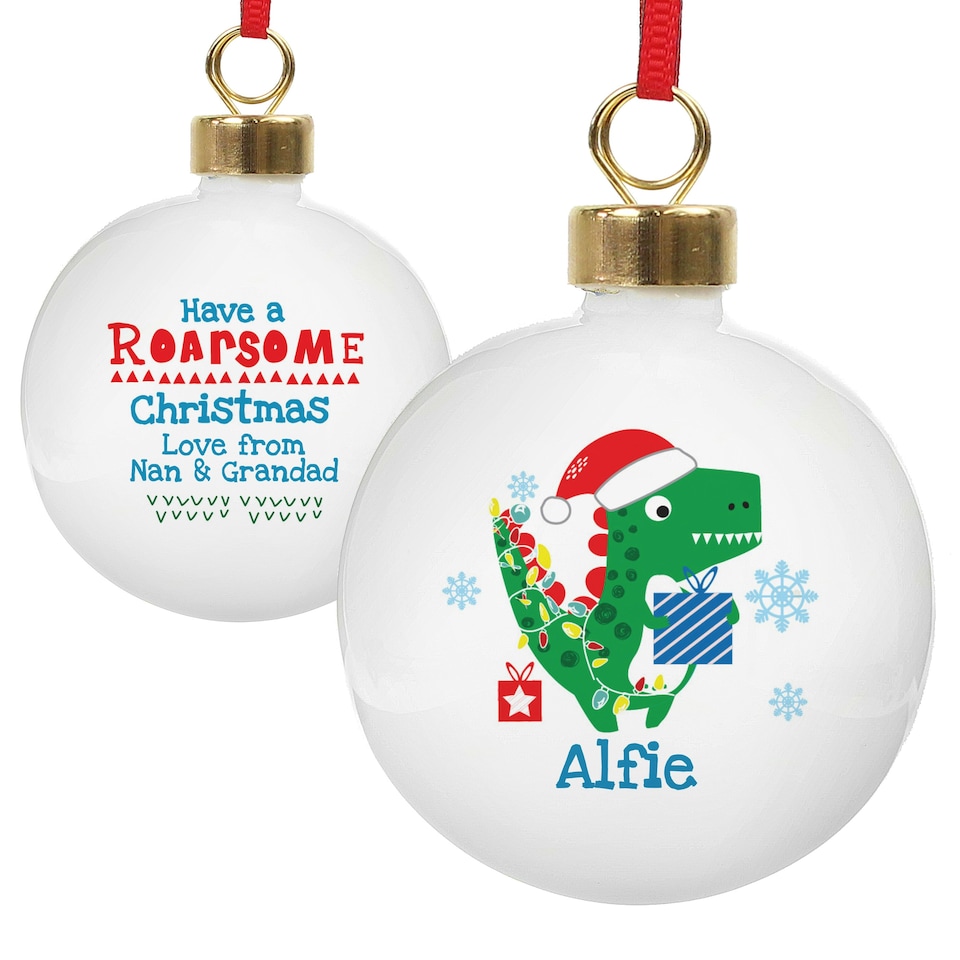 image 1 of Personalised Dinosaur 'Have a Roarsome Christmas' Bauble