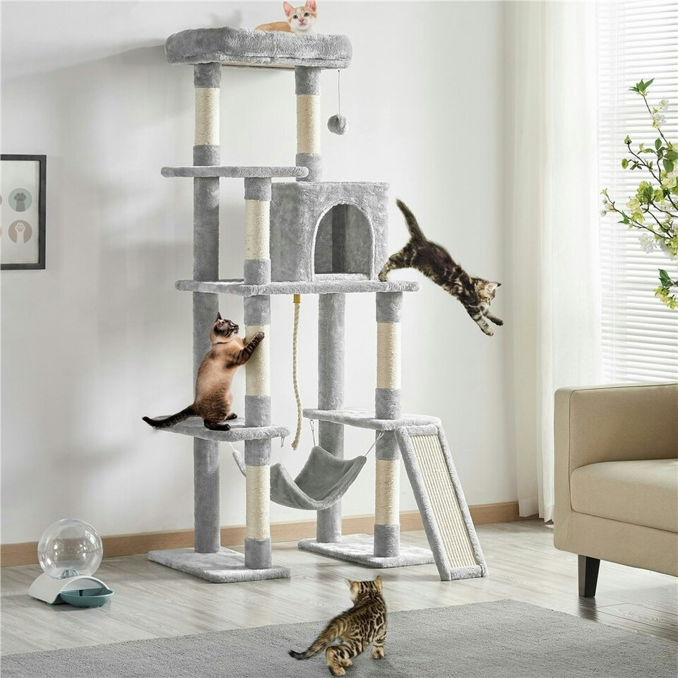 image 1 of Yaheetech Large Cat Tower with Hammock Scratching Posts Light Grey
