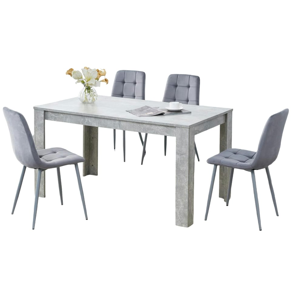 image 1 of Dining Table with 4 Grey Velvet Chairs Stone Grey Effect Wood Table Set for Dining Room Grey