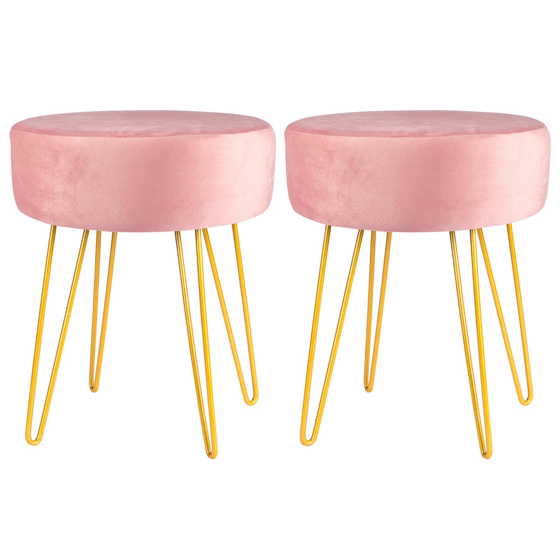 Harbour Housewares 2x Velvet Footstools - Round Modern Dressing Table Footstool Vanity Seat Chairs - 40 x 35cm - Pink/Gold Pink Pink/Gold Pack of 2 2