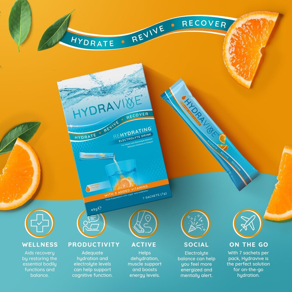 image 1 of Hydravive Rehydration Electrolytes Powder - High Strength Vitamin C and All 8 B Vitamins: B1, B3, B5, B12 Supplement Sachet Drink - 7 Pack Orange