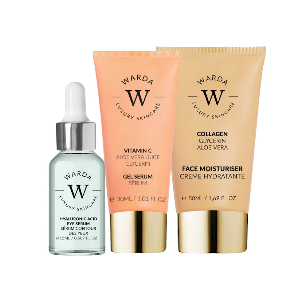 image 1 of Warda Luxury Skincare Skin Glow Boost Vitamin C Gel Serum 30ml + Skin Hydration Boost Hyaluronic Acid Eye Serum 15ml + Skin Lifter Boost Collagen Moisturiser 50ml