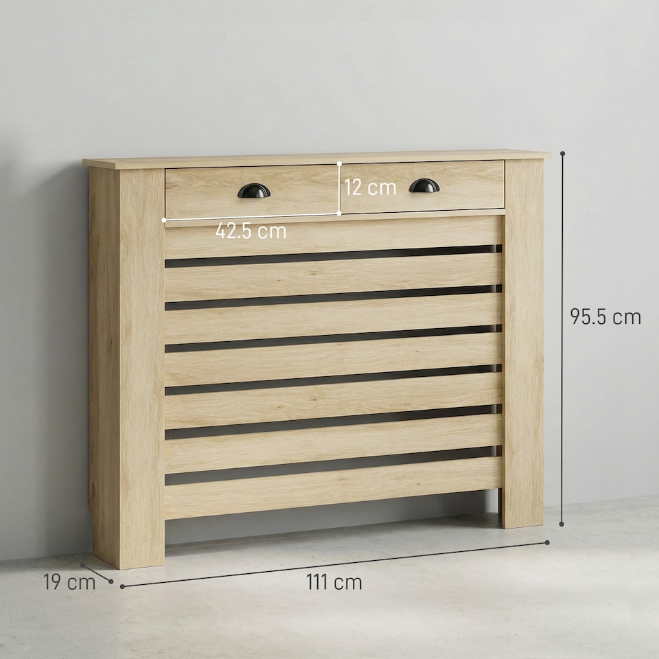 image 1 of HOMCOM Radiator Cover with Drawer, Horizontal Slat Grill, 111cm, Oak Medium