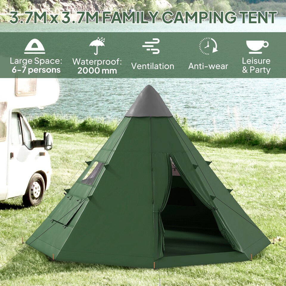 image 1 of Outsunny 6-7 Person Large Family Party Camping Tent with Carrying Bag | Green | Green