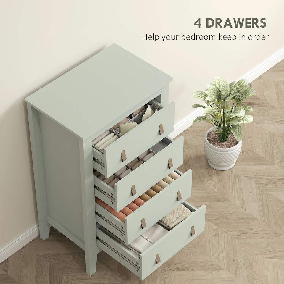 image 1 of HOMCOM Bedroom Chest of Drawers, Modern 4 Drawer Dresser, Green | Green | 60W x 40D x 98H cm