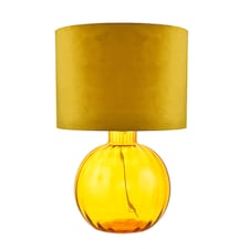 Contemporary Ochre Ribbed Glass Table Lamp with Soft Velvet Mustard Shade | Yellow