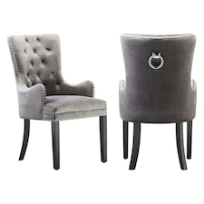 Set of 2 Velvet Dining Chairs with Armrest, Ergonomic Scoop Knockerback & Button Tufted Wood Legs | Grey | Dark Grey
