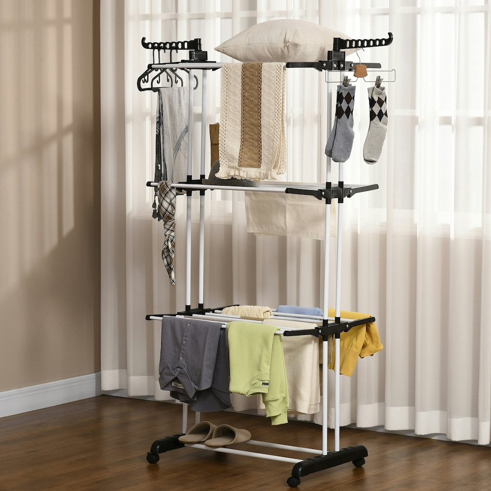 image 1 of HOMCOM Foldable Clothes Drying Rack Steel Garment Dryer with Casters Black