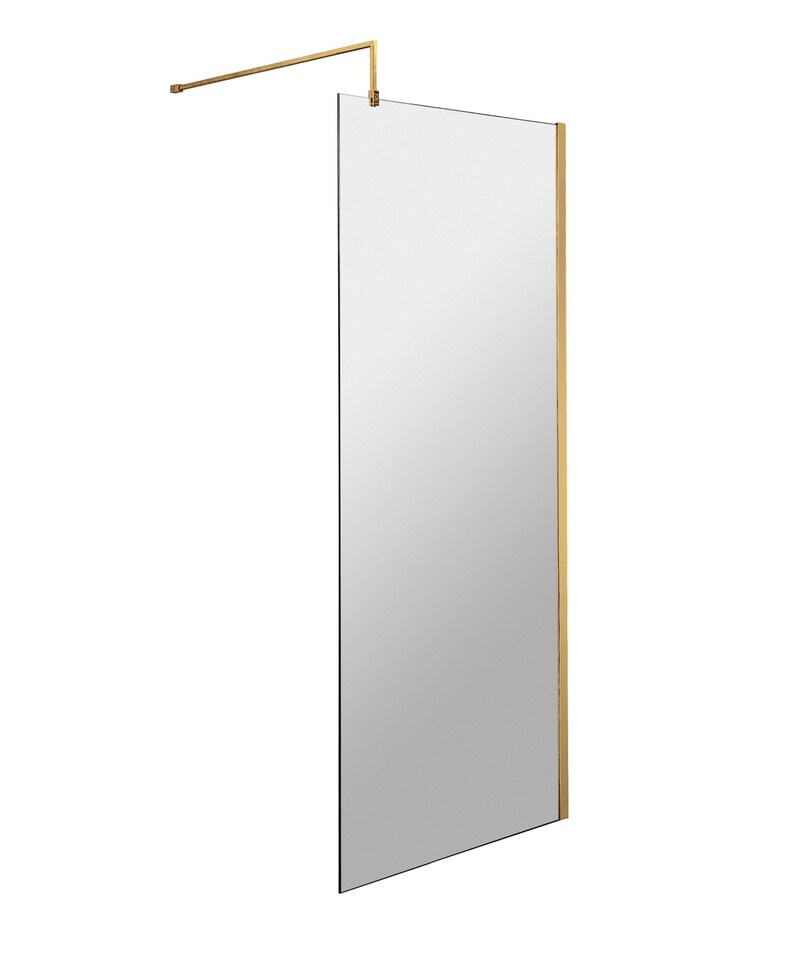 image 1 of Balterley Blymhill Contemporary Bathroom 8mm Glass Profile Wetroom Screen with Support Bar, Brushed Brass, 1950 x 700 x 14mm