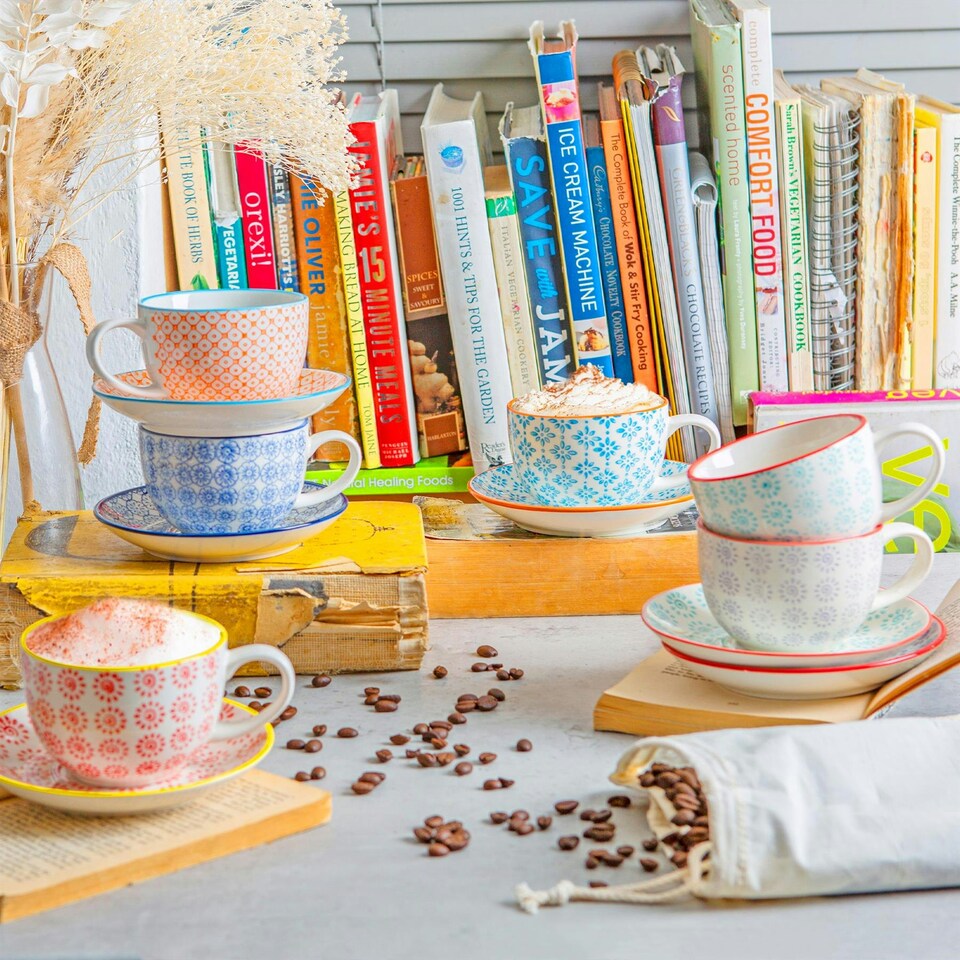 image 1 of Nicola Spring 12 Piece Hand-Printed Cappuccino Cup & Saucer Set - 250ml - 6 Colours