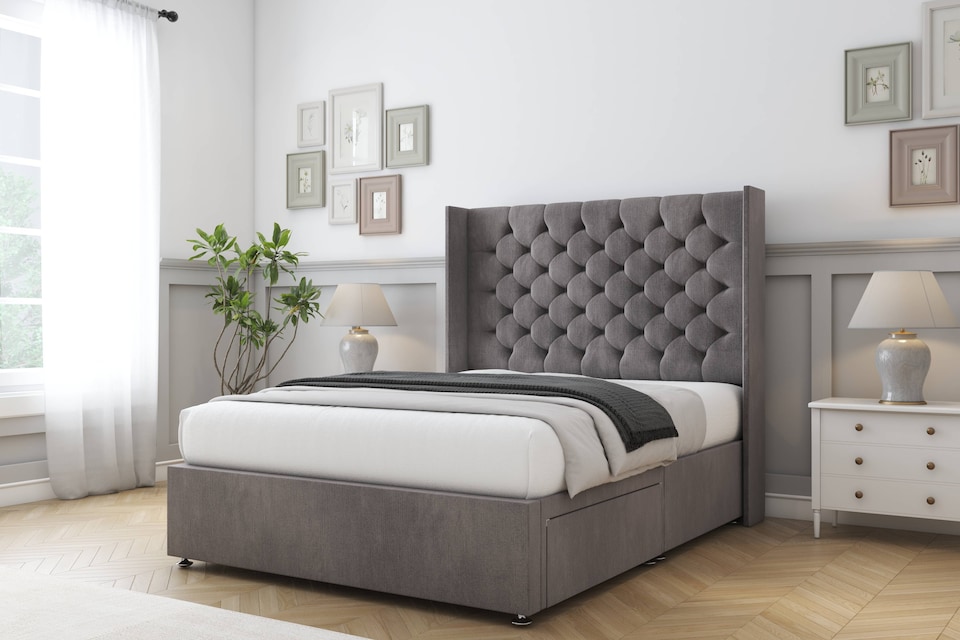 image 1 of Sloomy Dior Slate Naples Divan Bed With Mattress No Drawers With 54" Wingback Headboard 4' Small Double | Grey | Slate | Small Double | 1