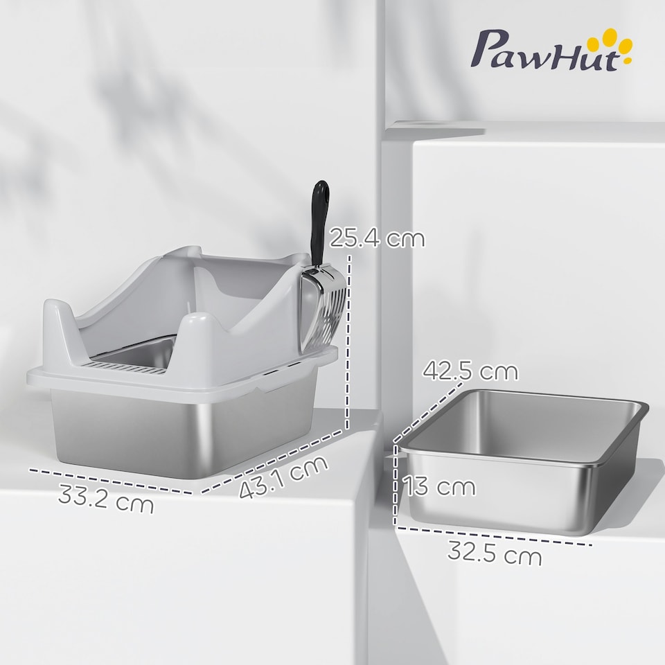 image 1 of PawHut Stainless Steel Cat Litter Box with High Sides Grey | M