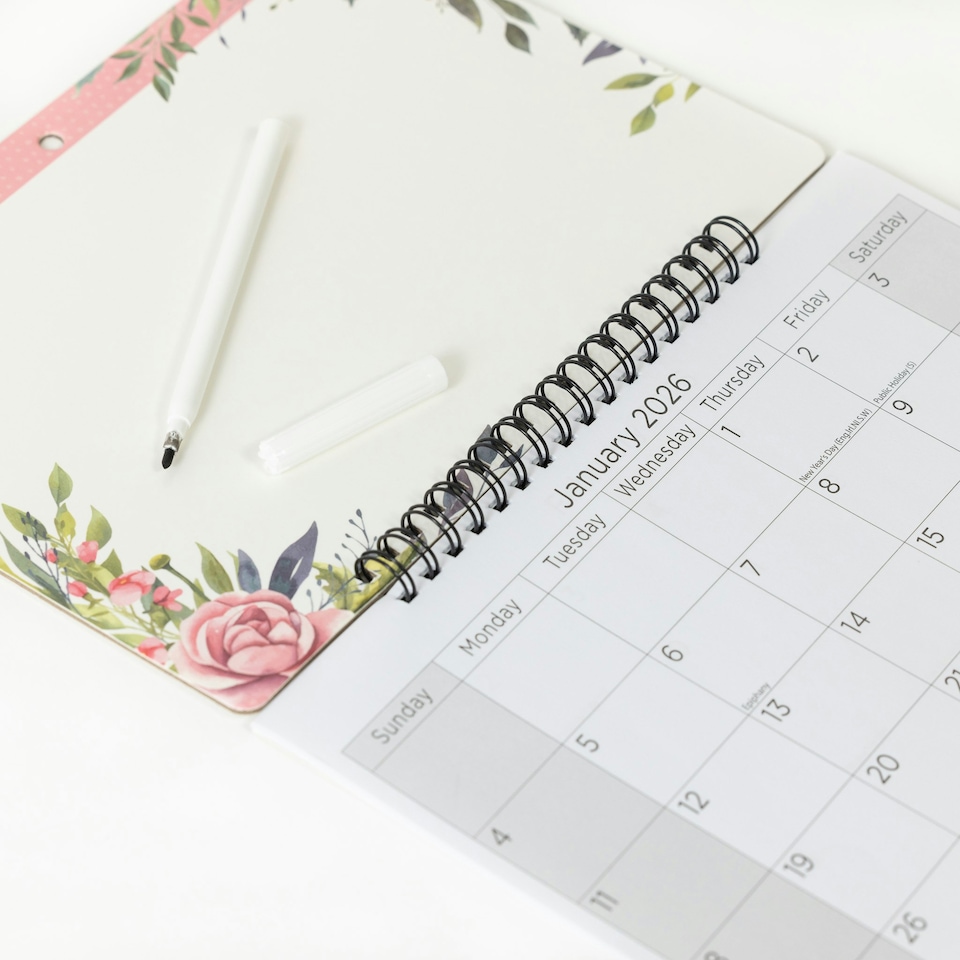 image 1 of 2026 Monthly Memo Board Calendar & Pen Roses Design
