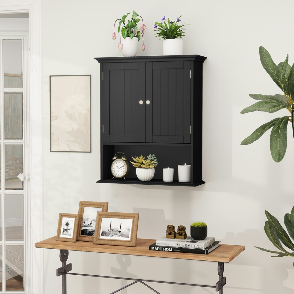 image 1 of COSTWAY Bathroom Wall Mounted Cabinet Wooden Cabinet Black