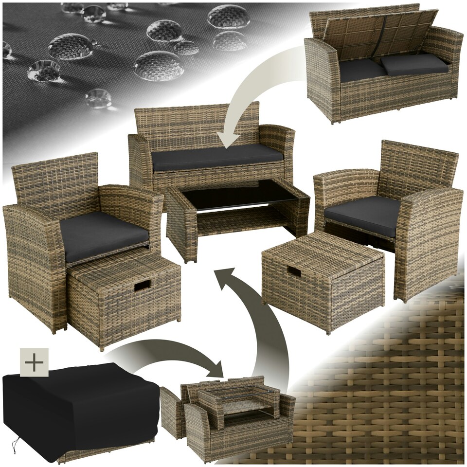 image 1 of Garden Furniture Set Modena- sofa with storage, armchairs, stools, coffee table - Nature