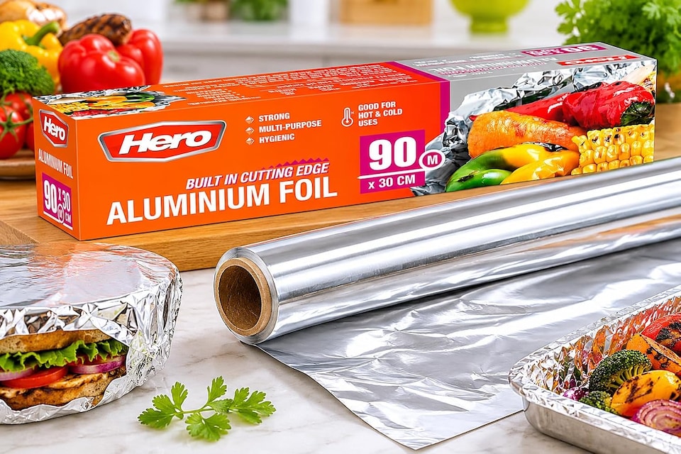 image 1 of Hero Strong Kitchen Foil Roll 90m x 300mm – Premium Aluminium Foil with Easy Cutter Dispenser | Non-Stick Foil for Cooking, Baking, BBQ & Food Wrapping