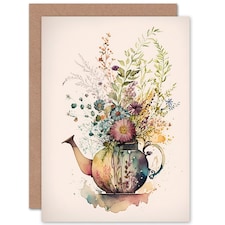 Wildflower Floral Spring Bouquet Teapot Vase Birthday Card