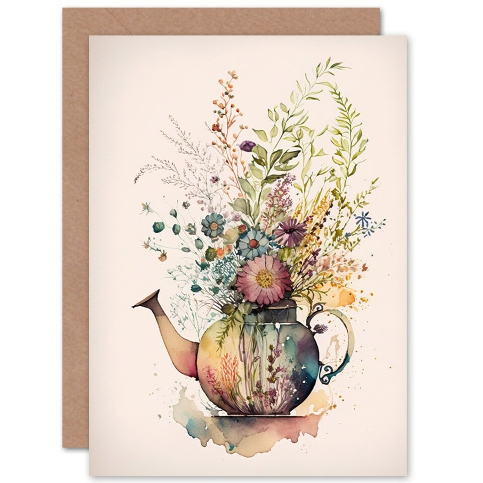 image 1 of Wildflower Floral Spring Bouquet Teapot Vase Birthday Card
