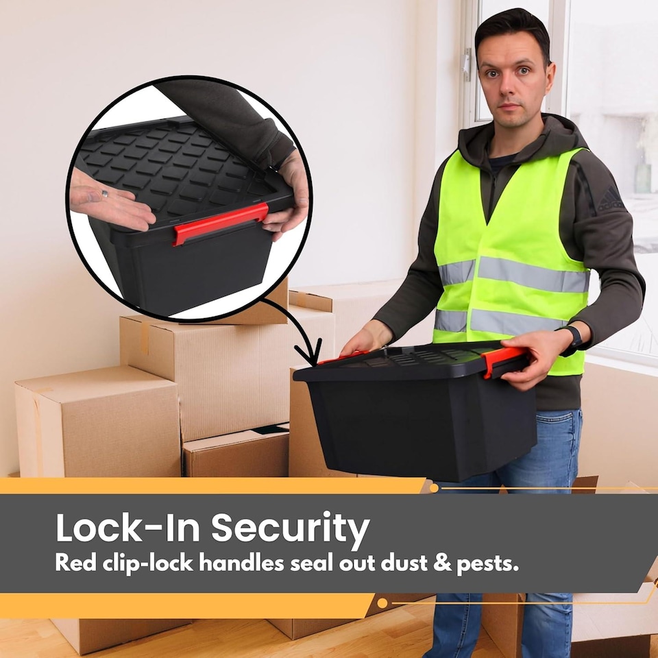 image 1 of 25L Small Heavy-Duty Storage Box with Lid 5 Pack with Handles Durable Plastic Clip Locks Stackable Garage & Outdoor Black