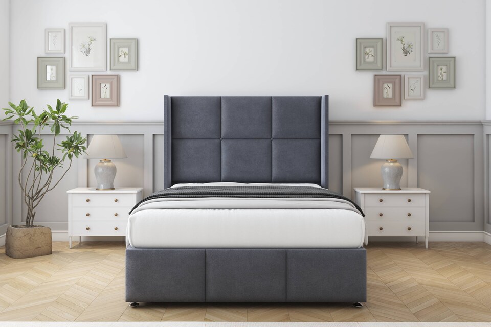 image 1 of Sloomy Beaumont Steel Plush Divan Bed With Mattress 2 Drawers Footend With 54" Wingback Headboard & 12" Matching Footboard 4' Small Double | Grey | Steel | Small Double | 1
