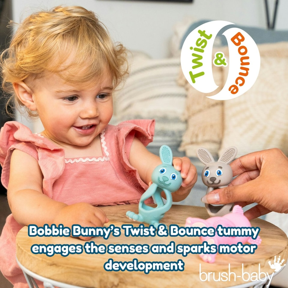 image 1 of Bobbie Bunny Baby Teether Toy Cappuccino Grey | Twist & Bounce Teething Toy