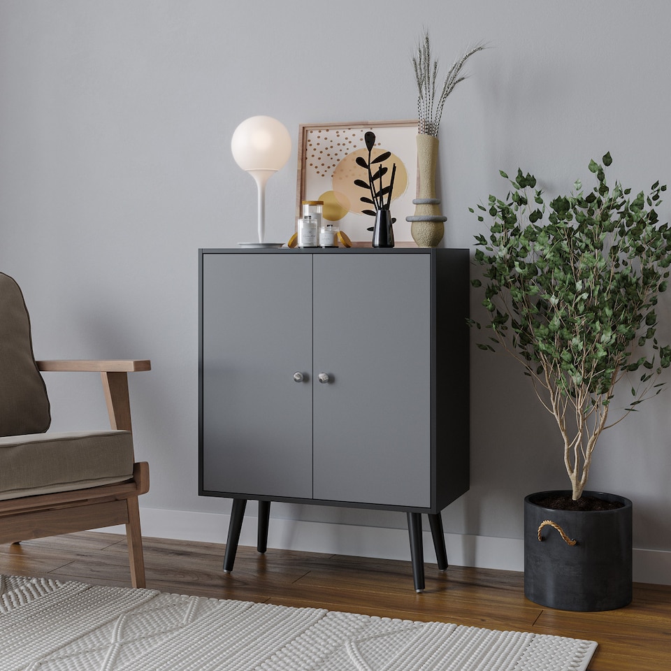 image 1 of Black 2-Tier 2-Door Wooden Cabinet With Legs | Grey | Grey & Black | 0 x 0 x 0 | 1