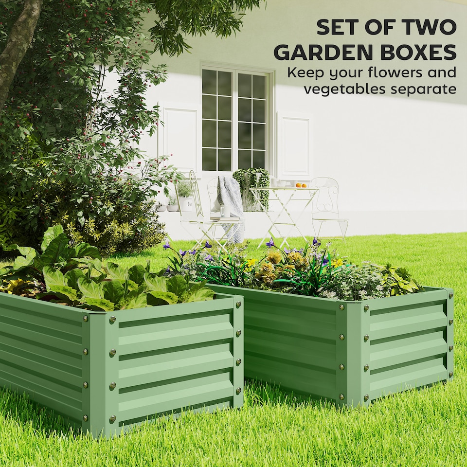image 1 of Outsunny Set of 2 Raised Garden Bed Galvanised Planter Box, Light Green | Green | Green