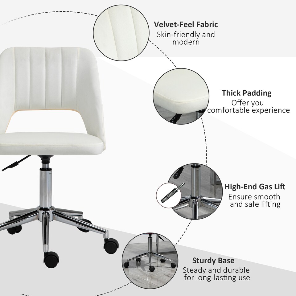 image 1 of Vinsetto Modern Office Chair, Velvet-feel Fabric Desk Chair with Wheels, Comfy Armless Swivel Vanity Chair for Makeup, Nail Tech, Bedroom, Cream White