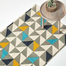 Homescapes Copenhagen Blue, Yellow and Grey Cotton Geometric Style Scandi Printed Rug - 120 x 170 cm | Multi | White, grey, blue, yellow and black