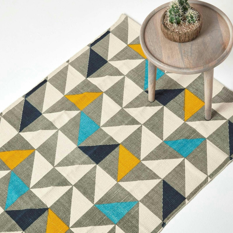 image 1 of Homescapes Copenhagen Blue, Yellow and Grey Cotton Geometric Style Scandi Printed Rug - 120 x 170 cm | Multi | White, grey, blue, yellow and black