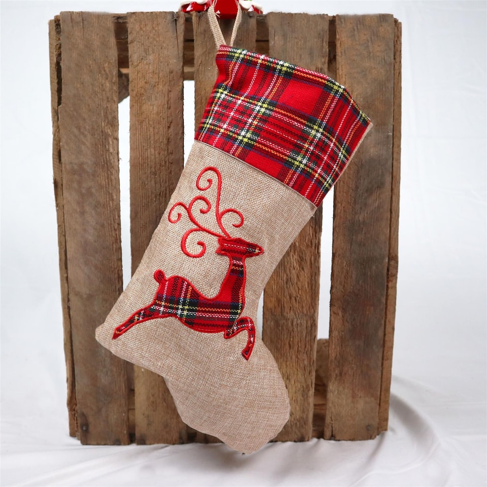 image 1 of Reindeer Design Christmas Stocking  Cute Festive Stocking for Mantelpiece & Holiday Decoration