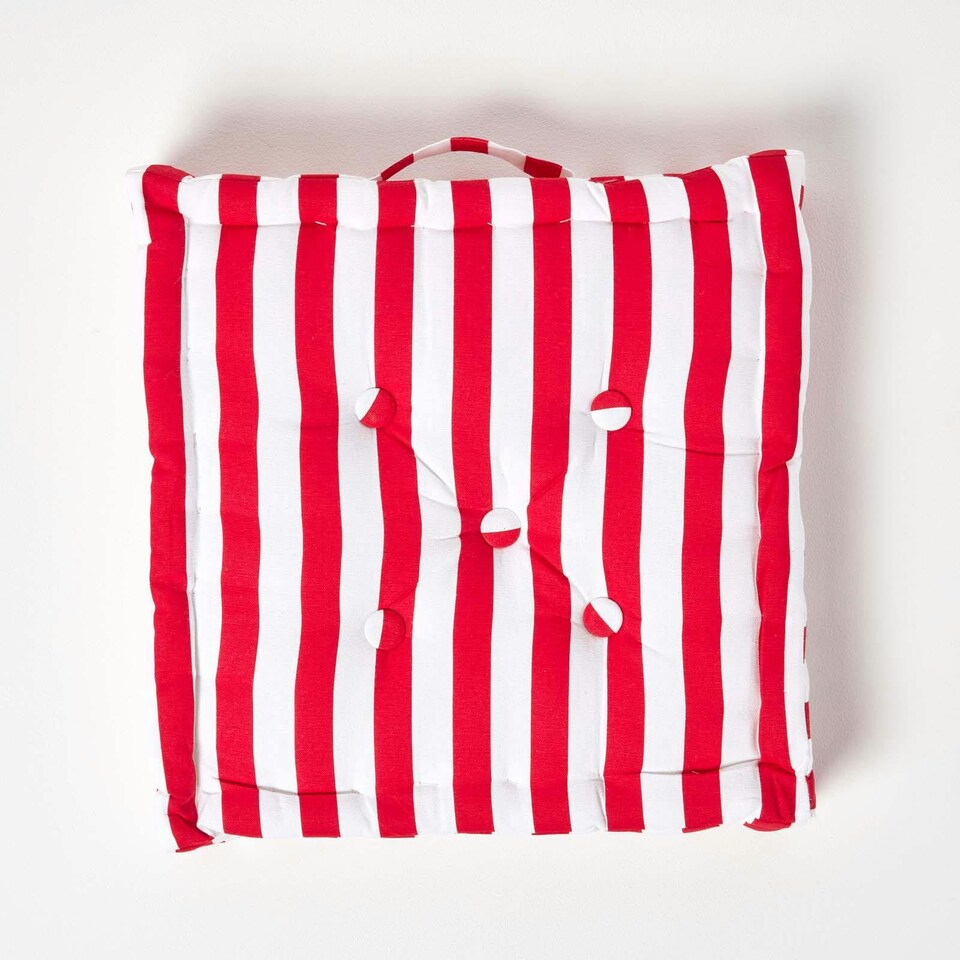 image 1 of Homescapes Cotton Red Thick Stripe Floor Cushion - 40 x 40 cm | Red | 40 x 40 cm