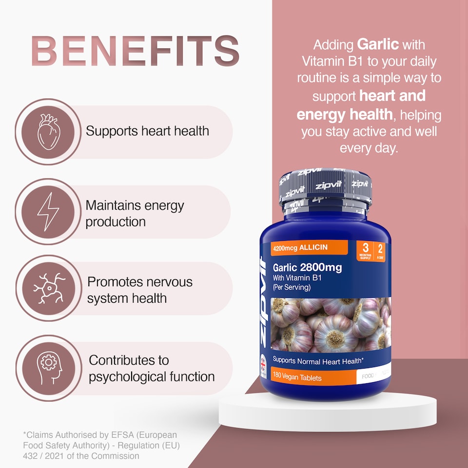 image 1 of Zipvit Garlic 2800mg with Vitamin B1, Heart & Energy Support, Provides Alliin & Allicin, 180 Vegan Tablets, 3-Month Supply