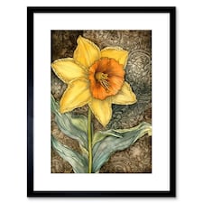 Detailed Daffodil Flower Watercolour Art Nouveau 9x7" Black Framed Wall Art Print