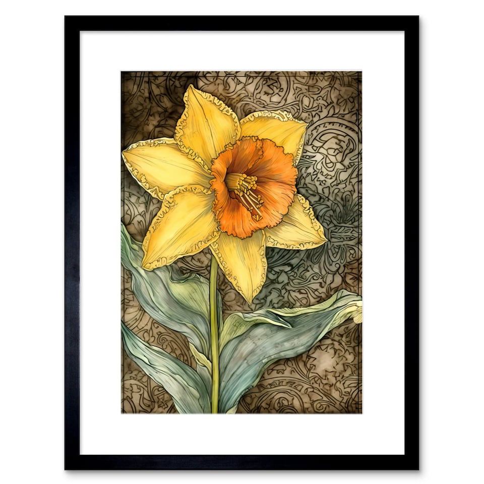 image 1 of Detailed Daffodil Flower Watercolour Art Nouveau 9x7" Black Framed Wall Art Print