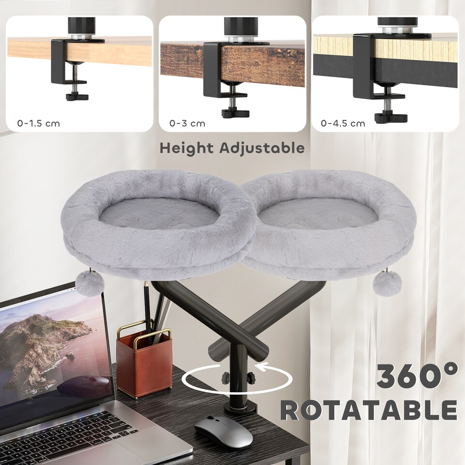 image 1 of PawHut Cat Bed for Desk, 360 degrees Rotatable Adjustable Elevated Cat Desk Bed, Comfortable Soft Plush Kitten Hammock Nest Cushion Machine-Washable