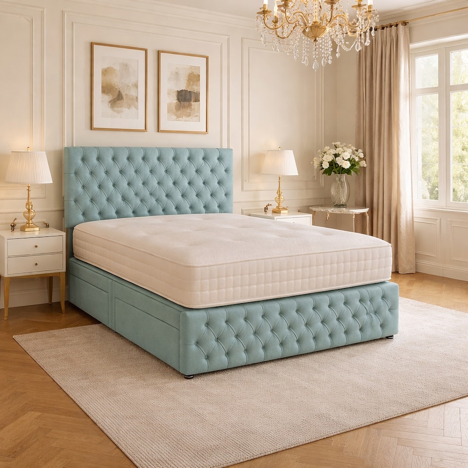image 1 of Light blue plush double chesterfield divan bed set with footboard and headboard 4 Drawers