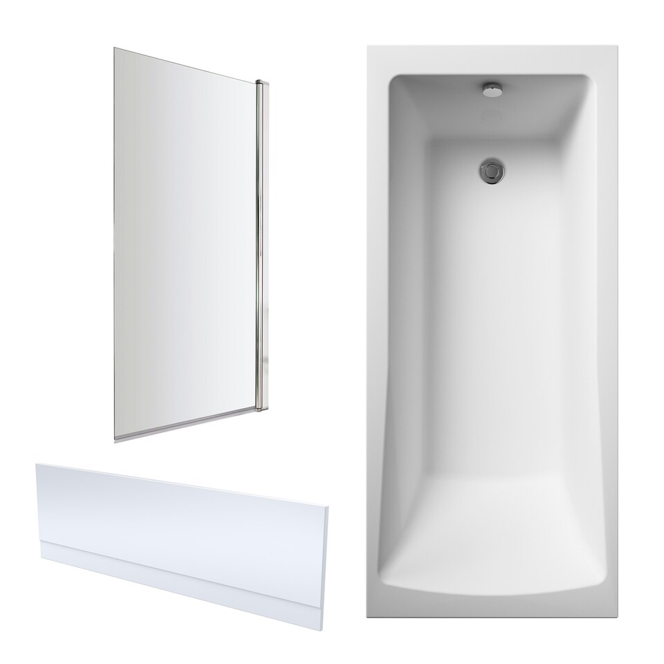 image 1 of 1700 x 700mm Square Bathtub, Front Panel with Straight Bath Screen - Chrome Profile White