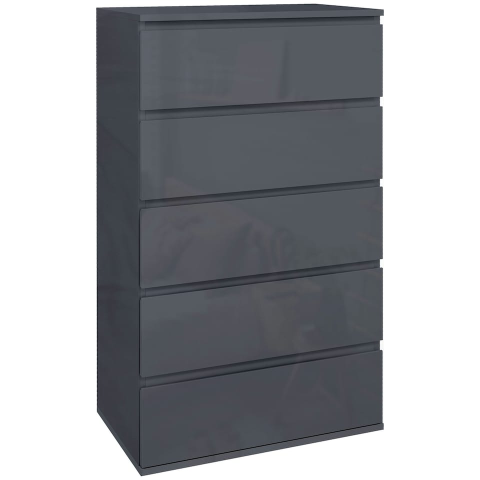 image 1 of HOMCOM Bedroom Chest of Drawers, High Gloss 5 Drawers Dresser, Grey