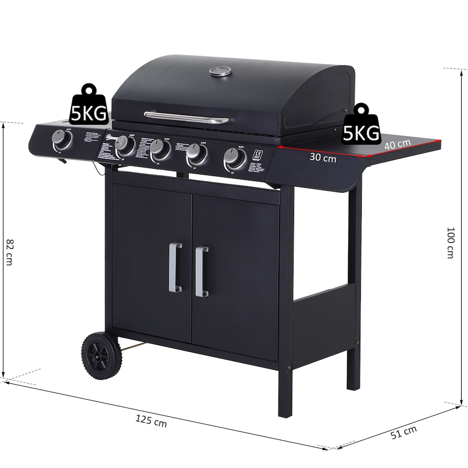image 1 of Outsunny Gas BBQ Grill 4 + 1 Stainless Steel Burner Garden Barbecue Cooker | Black | Black | One Size