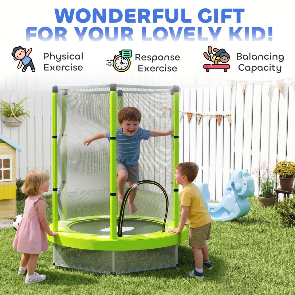 image 1 of AIYAPLAY 4.6FT Kids Trampoline with Safety Enclosure Net | Green | Green