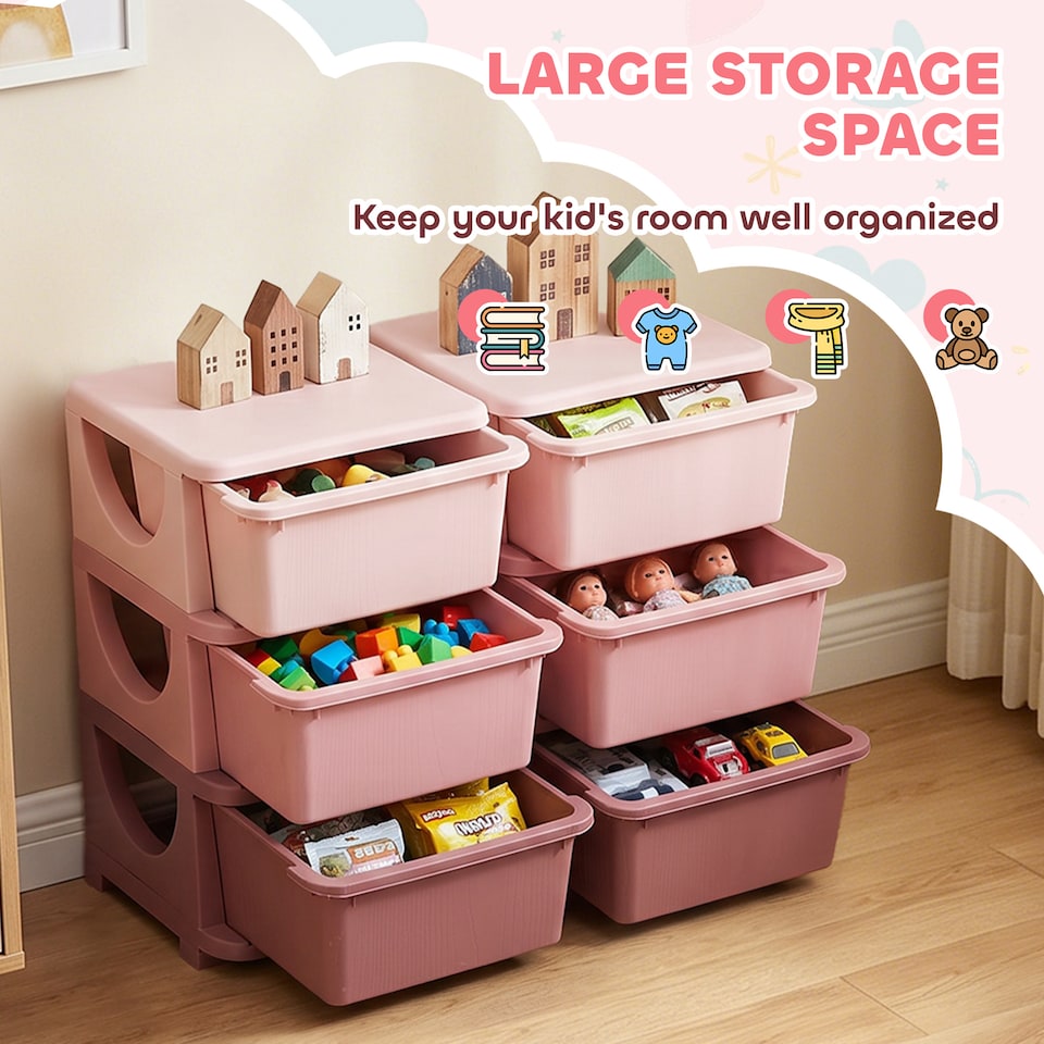 image 1 of HOMCOM Kids Storage Units with Drawers 3 Tier Chest Dresser Tower Pink
