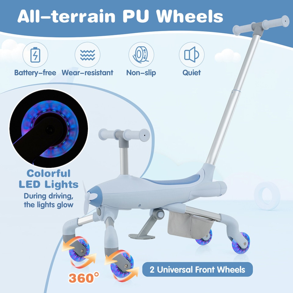 image 1 of COSTWAY 2-in-1 Kids Ride-on Push Car Plane-Themed Blue