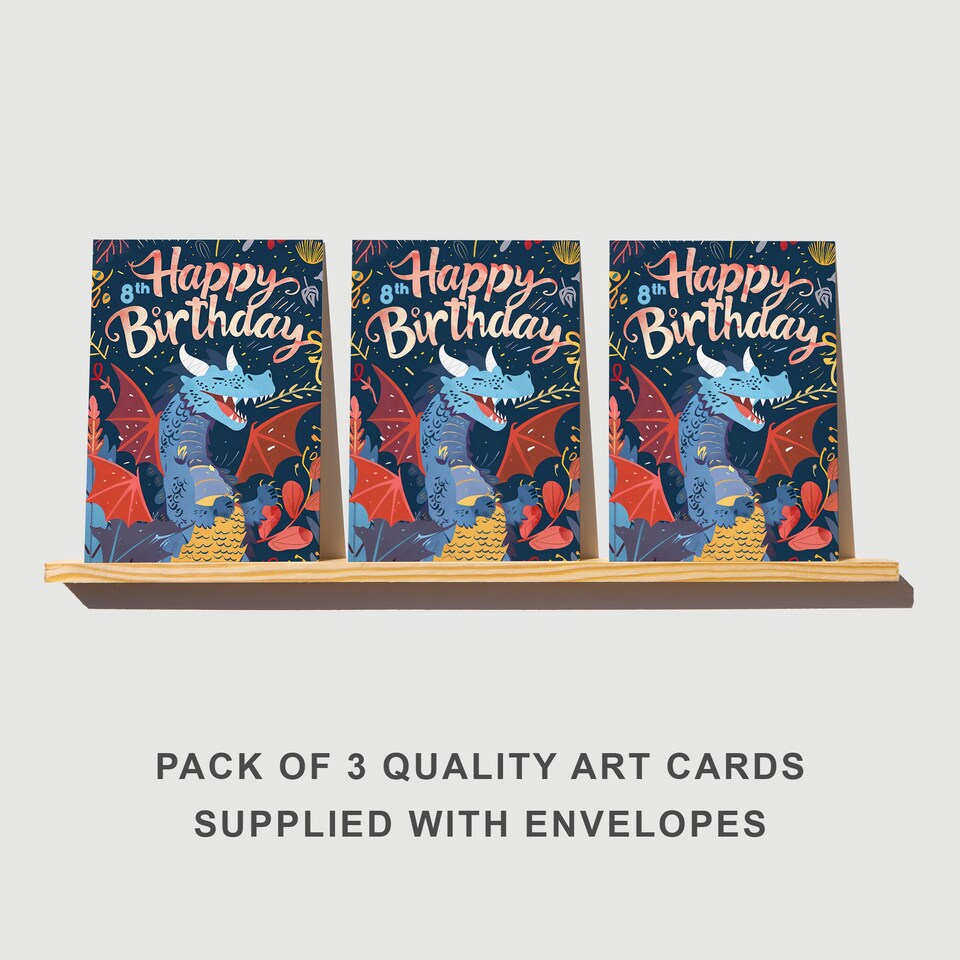 image 1 of Happy Dragon 8th Birthday Card Fun Cartoon Set of 3 Greeting Cards Blank Inside